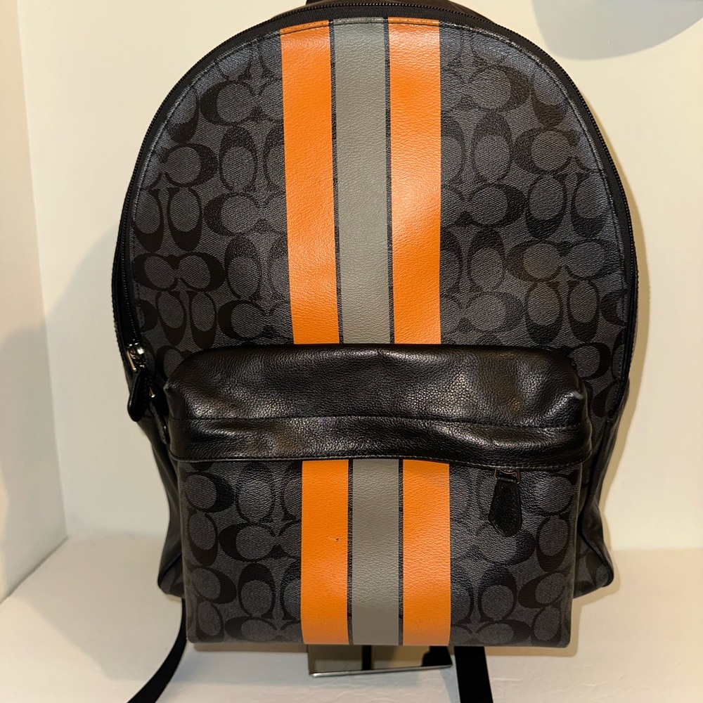 Coach Men's West Backpack In Signature Canvas VARSITY CHARCOAL & ORANGE - Picture 4 of 17